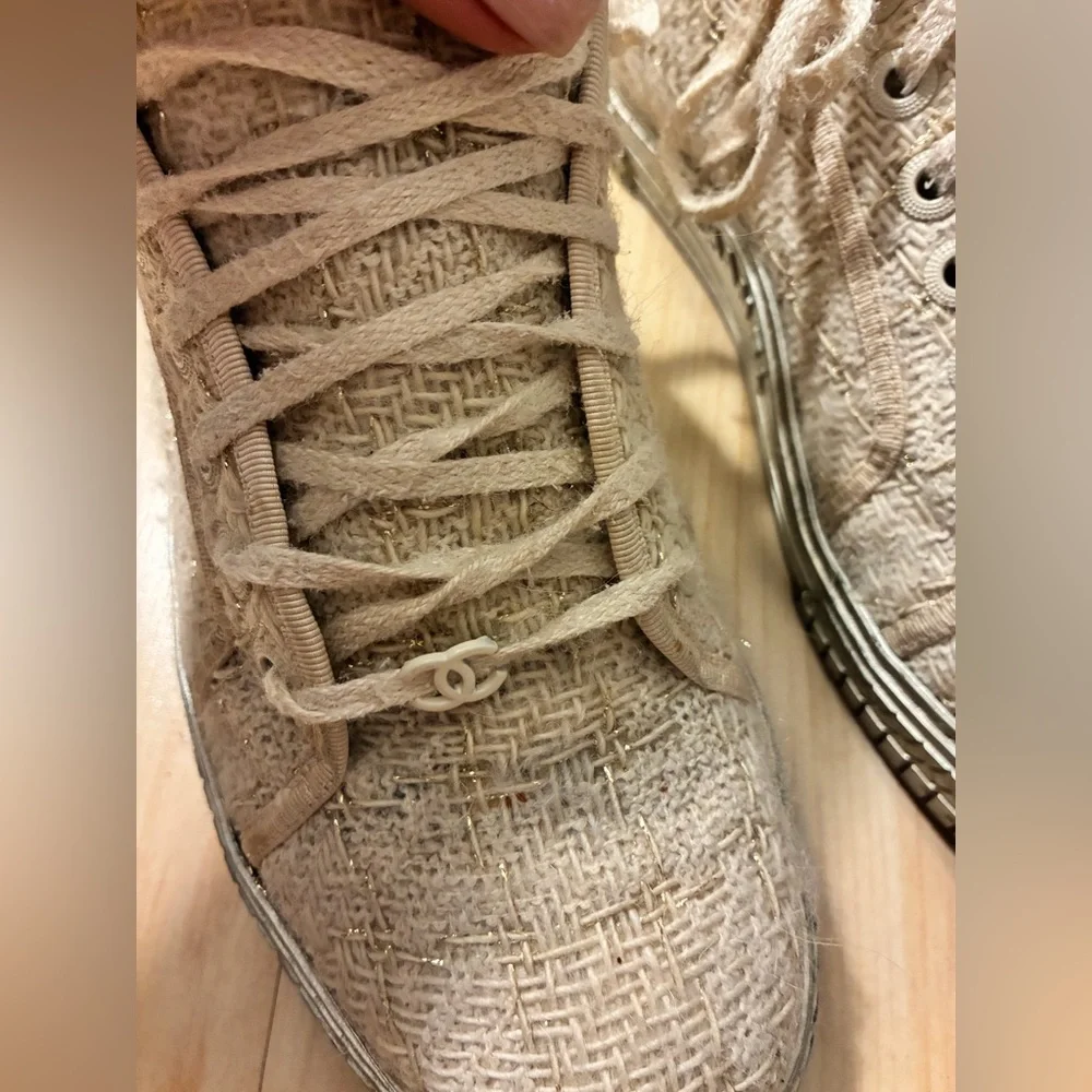 CHANEL Cream Tweed sneakers